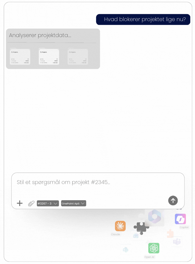 AI-agent i ProjectPoint der analyserer projektstatus, opgaver, deadlines og dokumenter i Microsoft 365.
